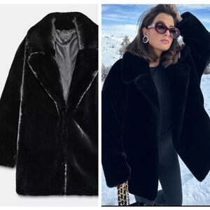 ZARA faux fur coat in black